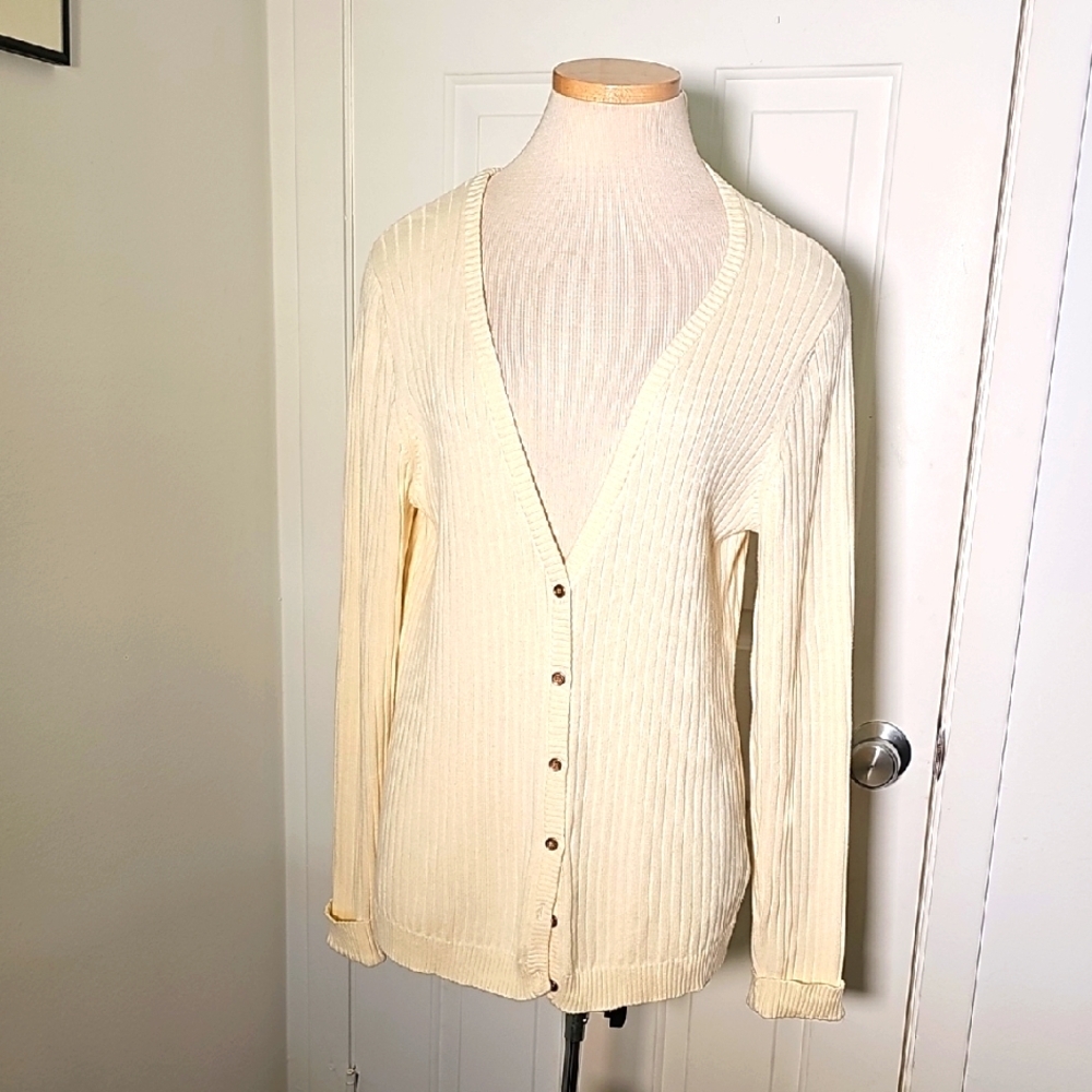PURE ALFRED SUNG Cream Cardigan Sweater Timeless Knit. SIZE LARGE